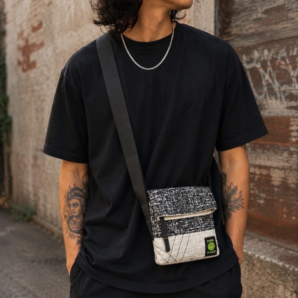 Dime Bags Black White Hemp Crossbody Messenger Bag Adjustable Strap